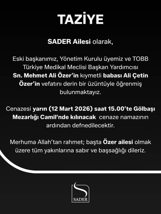 TAZİYE
SADER Ailesi olarak,
Eski başkanımız, Yönetim Kurulu üyemiz ve TOBB
Türkiye Medikal Meclisi Başkan Yardımcısı
…