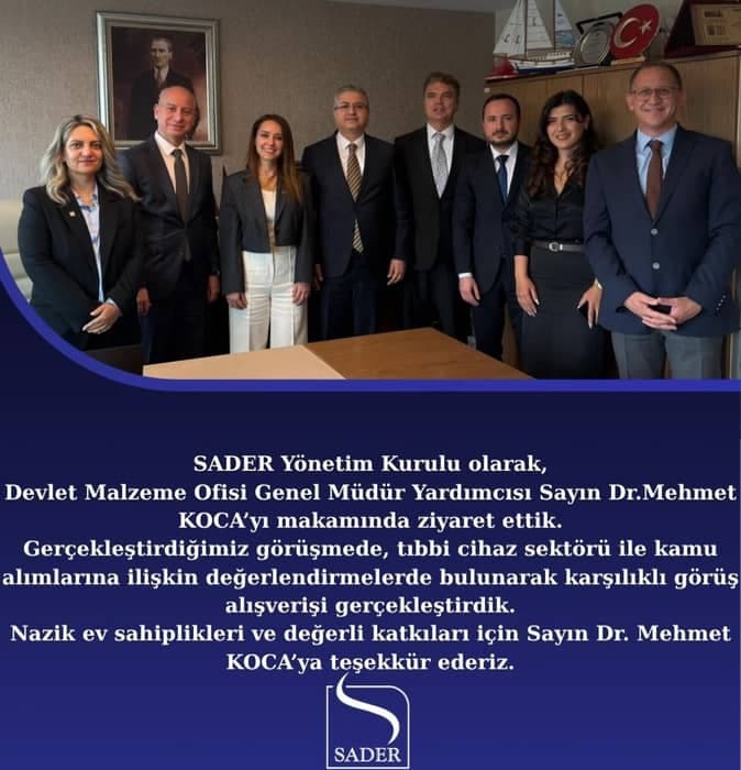 SADER Yönetim Kurulu olarak,
Devlet Malzeme Ofisi Genel Müdür Yardımcısı Sayın Dr. Mehmet KOCA’yı makamında ziyaret …